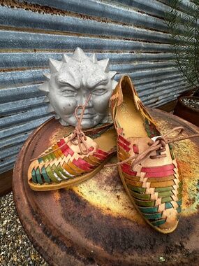 Mexican Huarache Lace-Up Leather Flats Multicolor Woven Women’s 10 Handmade Mex
